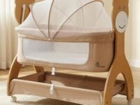 R for Rabbit Lullabies Woodsy 2 in 1 Manual Swing Wooden Cradle Newborn Baby Convertible Cot Bassinet with Mosquito Net, Lockable Wheels & Storage Space for Kids 0-12 Months, Upto 12 Kg (Beige)