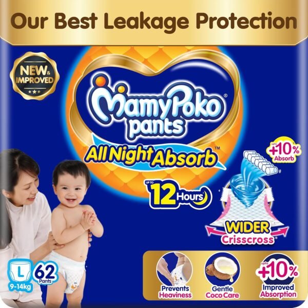 New Mamypoko Pants Premium All Night Absorb| Pant Style Baby Diapers Large Size(L), 62 Count, Ideal for 9-14Kgs|1 Diaper= Upto All Night Absorption now with 10% increased power|Wider Crisscross Sheet|Gentle Coco Care| 12hr Leakage Protection| Prevents Heaviness.