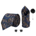 Axlon Tie for Men – Paisley Silk Neck Ties Set with Cufflinks Flower Pin, Pocket Square & Black Gift Box, Combo Necktie Sets for Office Wear, Formal Suits & Weddings (Navy Blue Gold, AX11_10)