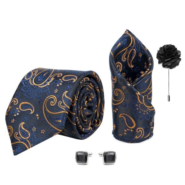 Axlon Tie for Men – Paisley Silk Neck Ties Set with Cufflinks Flower Pin, Pocket Square & Black Gift Box, Combo Necktie Sets for Office Wear, Formal Suits & Weddings (Navy Blue Gold, AX11_10)