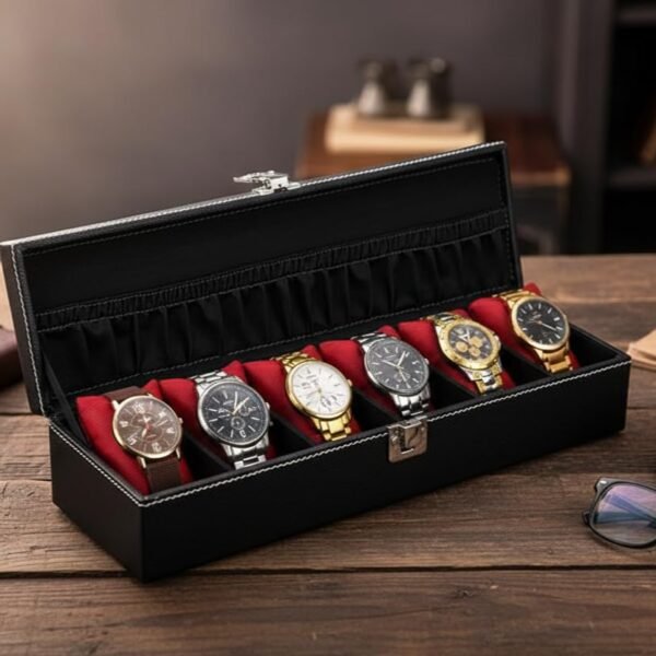 STORESHINE Men's and Women's Leatherette Watch organizer holder Case for 6 Watches, Removable Watch Pillows, Watch Box Holder, Gift for Loved Ones (Black::Maroon)