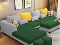 Casaliving Minta LHS 8 Seater L Shape Sofa Set with Center Table for Living Room (Green Grey Fabric) Premium Fabric Sofa Set for Living Room | Hall