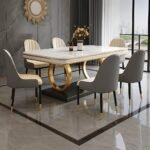 6-Seater Dining Table with Nano Composite Marble Top and PVC Golden Wooden Base |2yr Warranty - Includes 6 Fabric Upholstered Chairs (Grey&Cream, White Nano Composite Marble Top)