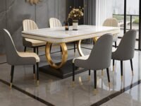 6-Seater Dining Table with Nano Composite Marble Top and PVC Golden Wooden Base |2yr Warranty - Includes 6 Fabric Upholstered Chairs (Grey&Cream, White Nano Composite Marble Top)