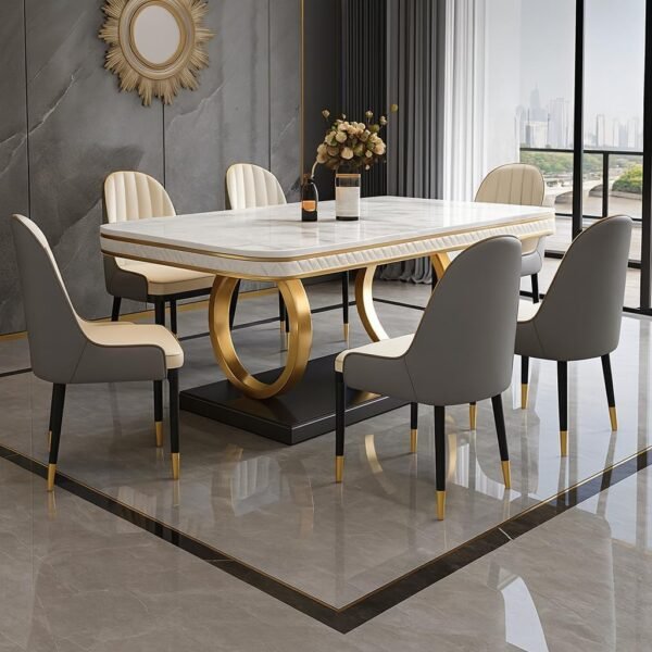 6-Seater Dining Table with Nano Composite Marble Top and PVC Golden Wooden Base |2yr Warranty - Includes 6 Fabric Upholstered Chairs (Grey&Cream, White Nano Composite Marble Top)