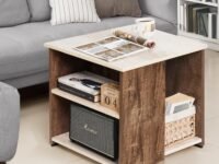 ABOUT SPACE Coffee Table - Wooden Center Table with Storage, Teapoy Table for Living Room, Engineered Wood End Table | Side Table for Hall, Lounge, Office, Home - Oak & Walnut (L 50 x B 50 x H 51 cm)