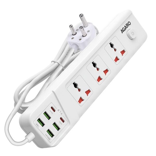 AGARO Regal Extension Board 3 Universal Sockets, 4 USB + 2 Type-C Fast Charging, 2500W, Overload & Surge Protection, Master Switch, 6ft Heavy-Duty Cord, Multi-Device Charging for Home/Office