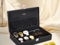 ALAWO Watch Box Organizer and Sunglasses Case Holder with 6 Slots for Watches and 3 Slots for Sunglasses in Black & Black color
