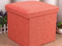 ALMAND (Label 30X30X30 cm Folding Storage Ottoman Cube Footrest Stool Coffee Table Puppy Step Top Organizer Box Pouf Chest Single Seat- Linen Orange