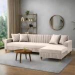 AMATA Omega Solid Wood 4 Seater L Shape Cream Suede Velvet Fabric Sofa Set with Four Cushions Perfect for Home Office Guests Living Room (03 Cream, Omega L Shape 4 SSEATER)(3 Year Warranty)