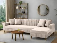 AMATA Omega Solid Wood 4 Seater L Shape Cream Suede Velvet Fabric Sofa Set with Four Cushions Perfect for Home Office Guests Living Room (03 Cream, Omega L Shape 4 SSEATER)(3 Year Warranty)