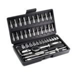 AUSCOUR 1/4 Hex, Flat, Torx Socket Wrench Set Metric Tool Kit with Wrench Handle, Extension Bars, Sockets, Bits, Quick Release Reversible Ratchet Set Fit For DIY Car Motorcycle Repair - 46Pcs