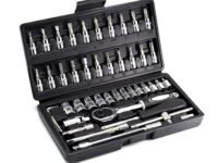 AUSCOUR 1/4 Hex, Flat, Torx Socket Wrench Set Metric Tool Kit with Wrench Handle, Extension Bars, Sockets, Bits, Quick Release Reversible Ratchet Set Fit For DIY Car Motorcycle Repair - 46Pcs