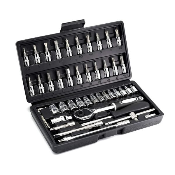 AUSCOUR 1/4 Hex, Flat, Torx Socket Wrench Set Metric Tool Kit with Wrench Handle, Extension Bars, Sockets, Bits, Quick Release Reversible Ratchet Set Fit For DIY Car Motorcycle Repair - 46Pcs