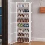 AYSIS 𝟖 𝐓𝐢𝐞𝐫 Shoe Rack for Home with Transparent Doors, Modular Dustproof Shoe Storage Cabinet, Foldable Plastic Space Saving Shoe Stand Organizer for Entryway, Bedroom & Living Room - White