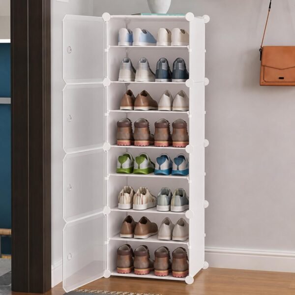 AYSIS 𝟖 𝐓𝐢𝐞𝐫 Shoe Rack for Home with Transparent Doors, Modular Dustproof Shoe Storage Cabinet, Foldable Plastic Space Saving Shoe Stand Organizer for Entryway, Bedroom & Living Room - White