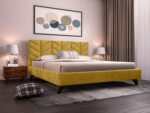 Acacia Modern Upholstered King Size Bed for Bedroom | Wooden Double Bed | Platform Cot Bed with Upholstery Premium Fabric | 6.5 x 6 Ft | Sheesham Solid Wood (Brown, Stream Yellow)