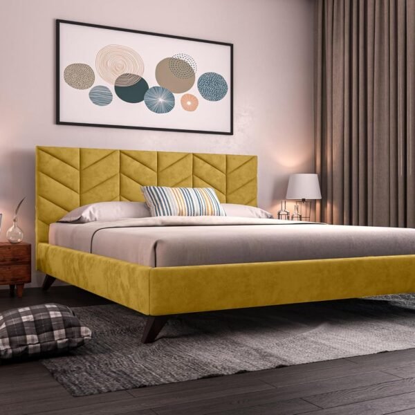 Acacia Modern Upholstered King Size Bed for Bedroom | Wooden Double Bed | Platform Cot Bed with Upholstery Premium Fabric | 6.5 x 6 Ft | Sheesham Solid Wood (Brown, Stream Yellow)