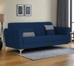 Adorn India Premium Luster 3 Seater | Velvet Suede Fabric | 3-Year Warranty | Color Blue with Golden Legs & Striped Pattern Cushion