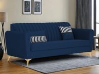 Adorn India Premium Luster 3 Seater | Velvet Suede Fabric | 3-Year Warranty | Color Blue with Golden Legs & Striped Pattern Cushion