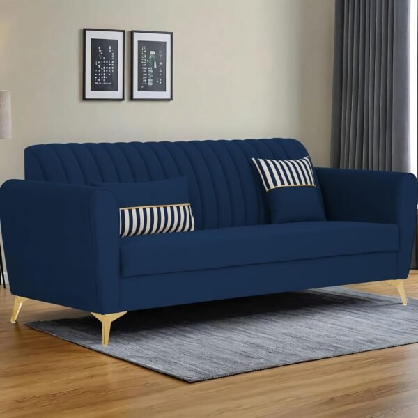Adorn India Premium Luster 3 Seater | Velvet Suede Fabric | 3-Year Warranty | Color Blue with Golden Legs & Striped Pattern Cushion