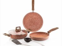 Amazon Basics Granite Finish Non Stick 5 Pcs Induction Base Cookware Set- Rust Granito (24cm Fry Pan, 24 cm Kadai, 28cm Tawa and 2 Nylon Spatulas)
