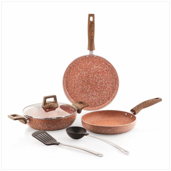 Amazon Basics Granite Finish Non Stick 5 Pcs Induction Base Cookware Set- Rust Granito (24cm Fry Pan, 24 cm Kadai, 28cm Tawa and 2 Nylon Spatulas)