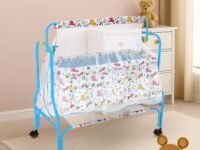 Amazon Brand - Supples Baby Cradle with Swing & Mosquito Net | 0–8 Months | Swing Lock | 4 Wheels with Brake | Soft & Comfortable for Baby Sleep | Sturdy Mild Steel Frame | Blue