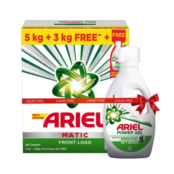 Ariel Matic Detergent Powder Front Load - 5kg + 3kg + 500g Liquid free | Removes 100 Tough Stains in 1 wash | Specially Designed for Washing Machines | Fresh Fragrance