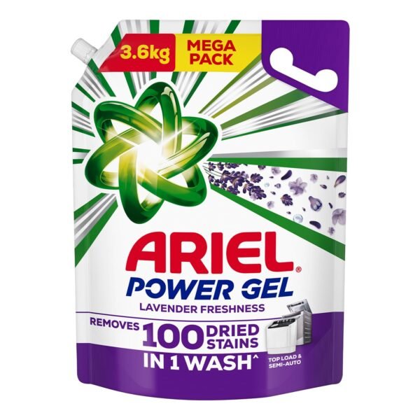 Ariel Power Gel Liquid Detergent for Top Load & Semi Auto – 3.6kg with Lavender Fragrance | Removes 100 Dried Stains in 1 Wash | Faster Dissolving | Color Protection | At the price of Powders
