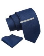 Axlon Tie for Men – Geometric Silk Neck Ties Set with Cufflinks Flower Pin, Pocket Square & Black Gift Box, Combo Necktie Sets for Office Wear, Formal Suits & Weddings (Navy, AXNW42)