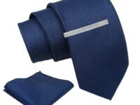 Axlon Tie for Men – Geometric Silk Neck Ties Set with Cufflinks Flower Pin, Pocket Square & Black Gift Box, Combo Necktie Sets for Office Wear, Formal Suits & Weddings (Navy, AXNW42)