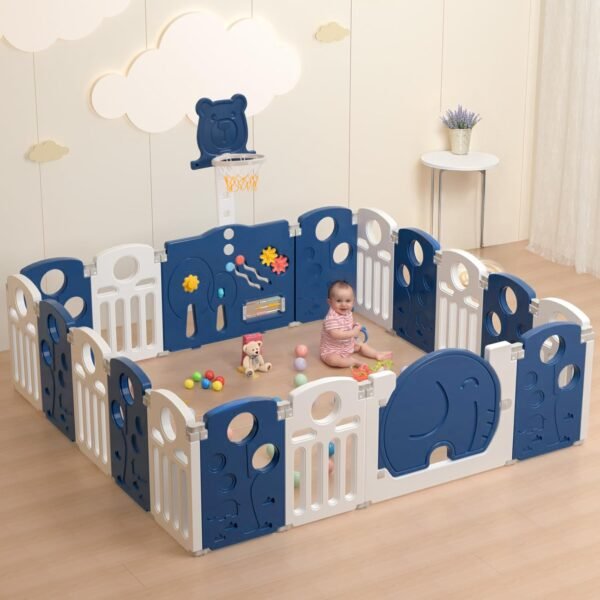 Baybee 2 in 1 Foldable Kids Playpen for Babies | Baby Play Area Indoor Setup with Basketball Set, Sensory Toys, Safety Lock, & Double Knob | Outdoor Play Pen for Kids for 0-5 Years | Baby Activity Playards for 0-5 Years (16 Panels)