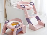 Baybee 3 IN 1 Vega Ladder Potty Seat for Kids | Foldable Baby Western Toilet Seat with Adjustable Height, Grip Handle & Cushion Seat | Potty Training Seat Chair for 1 to 8 Years Boys Girls (Pink)