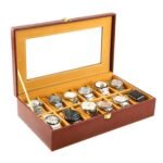 Birch & Co. Watch Box Organizer – 12 Slot Display Case with Glass Lid, PU Leather, Soft Velvet Interior – Elegant Storage for Men’s & Women’s Watches, Jewelry & Accessories – Gift-Ready Case, Brown