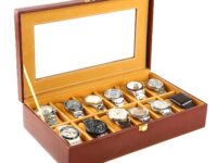Birch & Co. Watch Box Organizer – 12 Slot Display Case with Glass Lid, PU Leather, Soft Velvet Interior – Elegant Storage for Men’s & Women’s Watches, Jewelry & Accessories – Gift-Ready Case, Brown