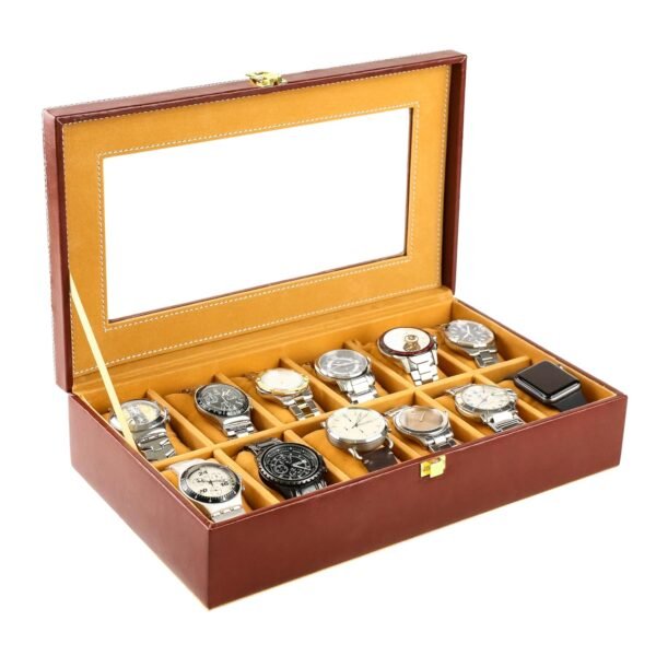 Birch & Co. Watch Box Organizer – 12 Slot Display Case with Glass Lid, PU Leather, Soft Velvet Interior – Elegant Storage for Men’s & Women’s Watches, Jewelry & Accessories – Gift-Ready Case, Brown