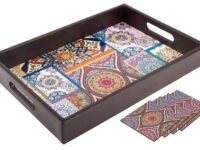 Birch & Co. Wooden Tray For Serving-Free 4 Coasters-10 Inch X 15 Inch-Serving Tray-Tray Set For Decoration-Tea Trays-Big Coffee Tray-Premium Mdf Trey-Wooden Serving Trays-Resin Tray,Round