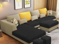 Casaliving Minta 8 Seater L Shape Sofa Set with Ottoman & 2 Puffy for Living Room (8 Seater LHS, Cream Black)