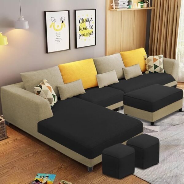 Casaliving Minta 8 Seater L Shape Sofa Set with Ottoman & 2 Puffy for Living Room (8 Seater LHS, Cream Black)