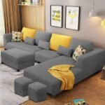 Casaliving Minta 8 Seater RHS L Shape Sofa Set with Ottoman & 2 Puffy for Living Room (8 Seater RHS, Dark Grey Colour)