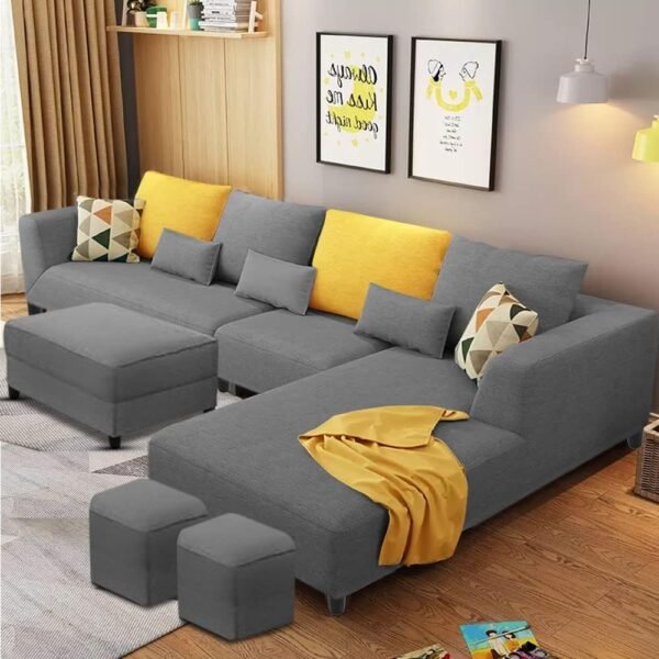 Casaliving Minta 8 Seater RHS L Shape Sofa Set with Ottoman & 2 Puffy for Living Room (8 Seater RHS, Dark Grey Colour)