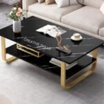 Coffee Table 2 Tier,with Storage Metal Base Engineered Wood Center Table for Living Room, Tea Table, Metal Rectangle Cocktail Table (Black-Golden)