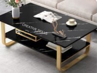 Coffee Table 2 Tier,with Storage Metal Base Engineered Wood Center Table for Living Room, Tea Table, Metal Rectangle Cocktail Table (Black-Golden)