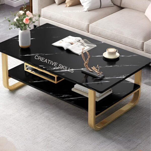 Coffee Table 2 Tier,with Storage Metal Base Engineered Wood Center Table for Living Room, Tea Table, Metal Rectangle Cocktail Table (Black-Golden)