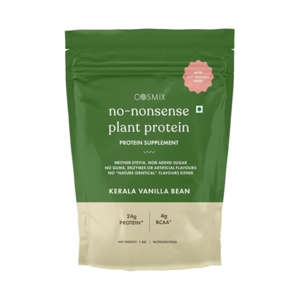 Cosmix No-Nonsense Plant Protein | 26 Protein/Serve, 1Kg Pouch | Kerala Vanilla Bean | Plant Based Protein, Pea & Rice Isolate | Clean, Easy to Digest | All Essential Amino Acids