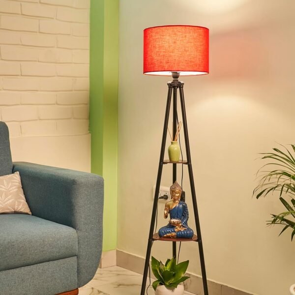 Crosscut Furniture Metal Floor Lamp with 3 Shelves (Lily Red) LED Bulb Included.