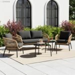 DEVOKO Nova Outdoor 4 Seater Rope Sofa Conversation Set with Comfortable All Weather Water-Resistant Cushions and Glass Top Round Center Table for Garden,Patio,Poolside(Beige & Black)