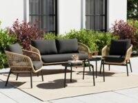 DEVOKO Nova Outdoor 4 Seater Rope Sofa Conversation Set with Comfortable All Weather Water-Resistant Cushions and Glass Top Round Center Table for Garden,Patio,Poolside(Beige & Black)