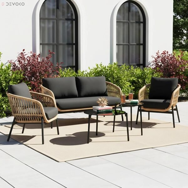 DEVOKO Nova Outdoor 4 Seater Rope Sofa Conversation Set with Comfortable All Weather Water-Resistant Cushions and Glass Top Round Center Table for Garden,Patio,Poolside(Beige & Black)